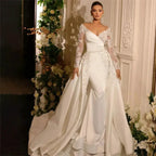 Beautiful A Line Wedding Dresses Gorgeous Satin Deep V-neck Lace Appliques Slimming Beautiful Mopping Beach Bridal Gown 2023 by payinti