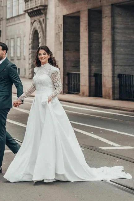 Beautiful A-line Long High Neck Lace Chiffon Wedding Dresses with Long Sleeves by misshow.com