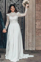 Beautiful A-line Long High Neck Lace Chiffon Wedding Dresses with Long Sleeves by misshow.com