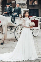 Beautiful A-line Long High Neck Lace Chiffon Wedding Dresses with Long Sleeves by misshow.com