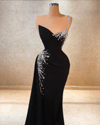 Beautiful A-line One Shoulder Sleeveless Rhinestone Chiffon Black Prom Dress by misshow.com