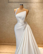 Beautiful A-line One Shoulder Sleeveless Rhinestone Satin train white Long Prom Dress by misshow.com