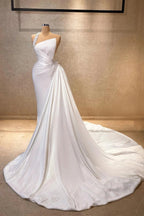 Beautiful A-line One Shoulder Sleeveless Rhinestone Satin train white Long Prom Dress by misshow.com