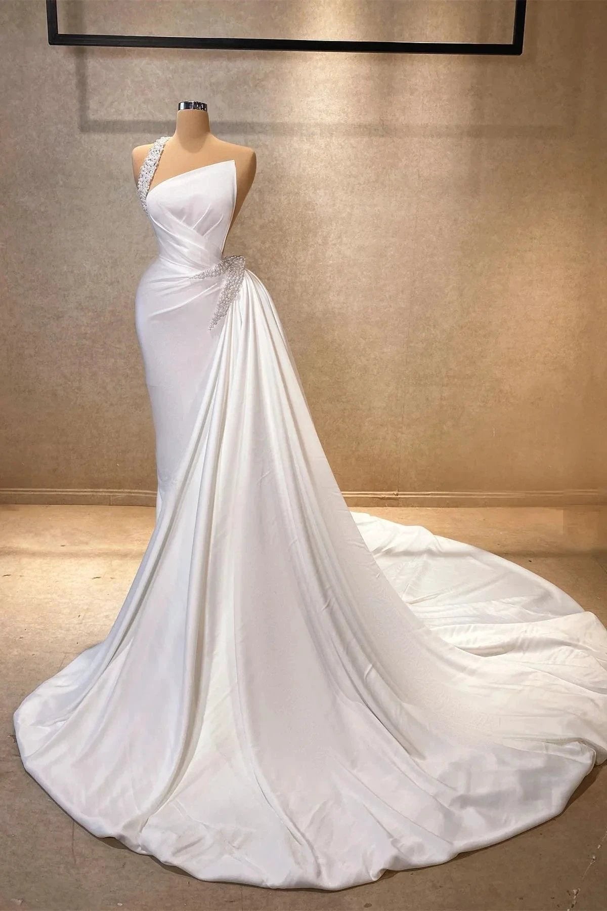 Beautiful A-line One Shoulder Sleeveless Rhinestone Satin train white Long Prom Dress by misshow.com