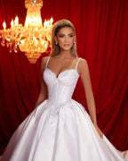 Beautiful A-line Spaghetti Straps Sleeveless Ruffles Satin Train White Long Wedding Dress by misshow.com