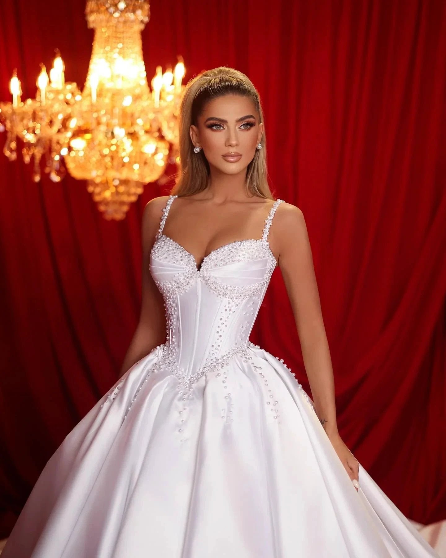 Beautiful A-line Spaghetti Straps Sleeveless Ruffles Satin Train White Long Wedding Dress by misshow.com