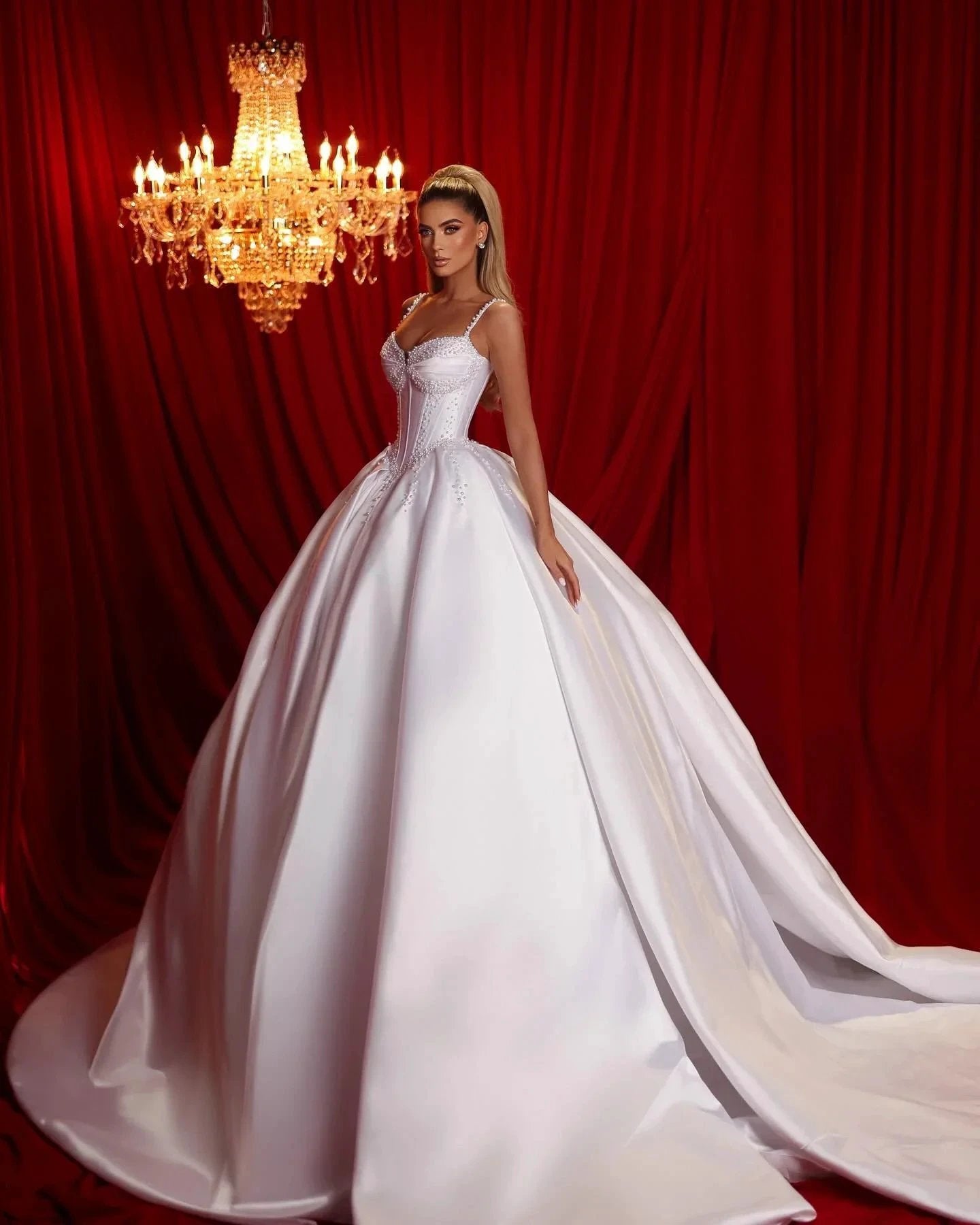 Beautiful A-line Spaghetti Straps Sleeveless Ruffles Satin Train White Long Wedding Dress by misshow.com