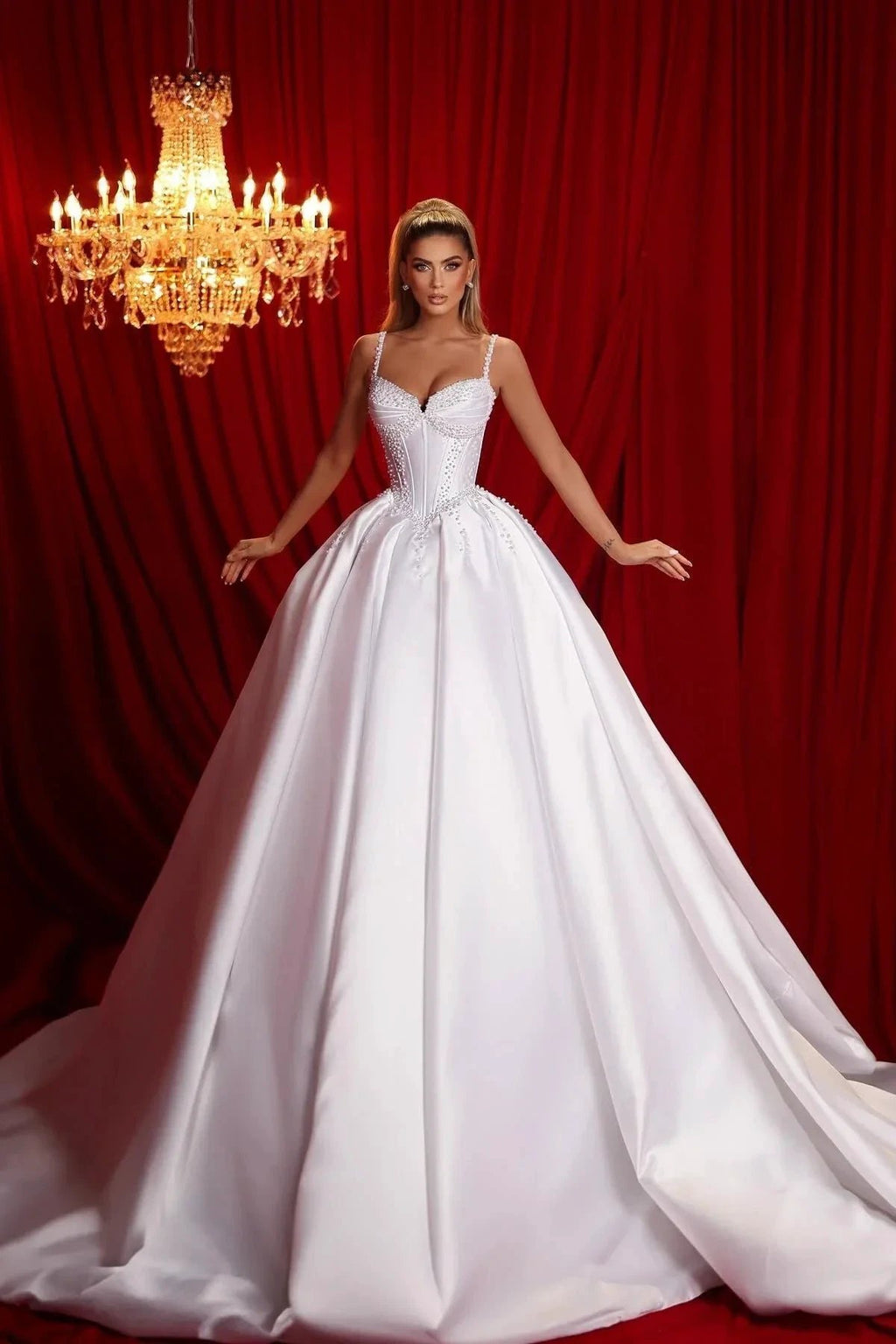 Beautiful A-line Spaghetti Straps Sleeveless Ruffles Satin Train White Long Wedding Dress by misshow.com