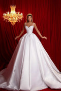 Beautiful A-line Spaghetti Straps Sleeveless Ruffles Satin Train White Long Wedding Dress by misshow.com