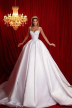 Beautiful A-line Spaghetti Straps Sleeveless Ruffles Satin Train White Long Wedding Dress by misshow.com