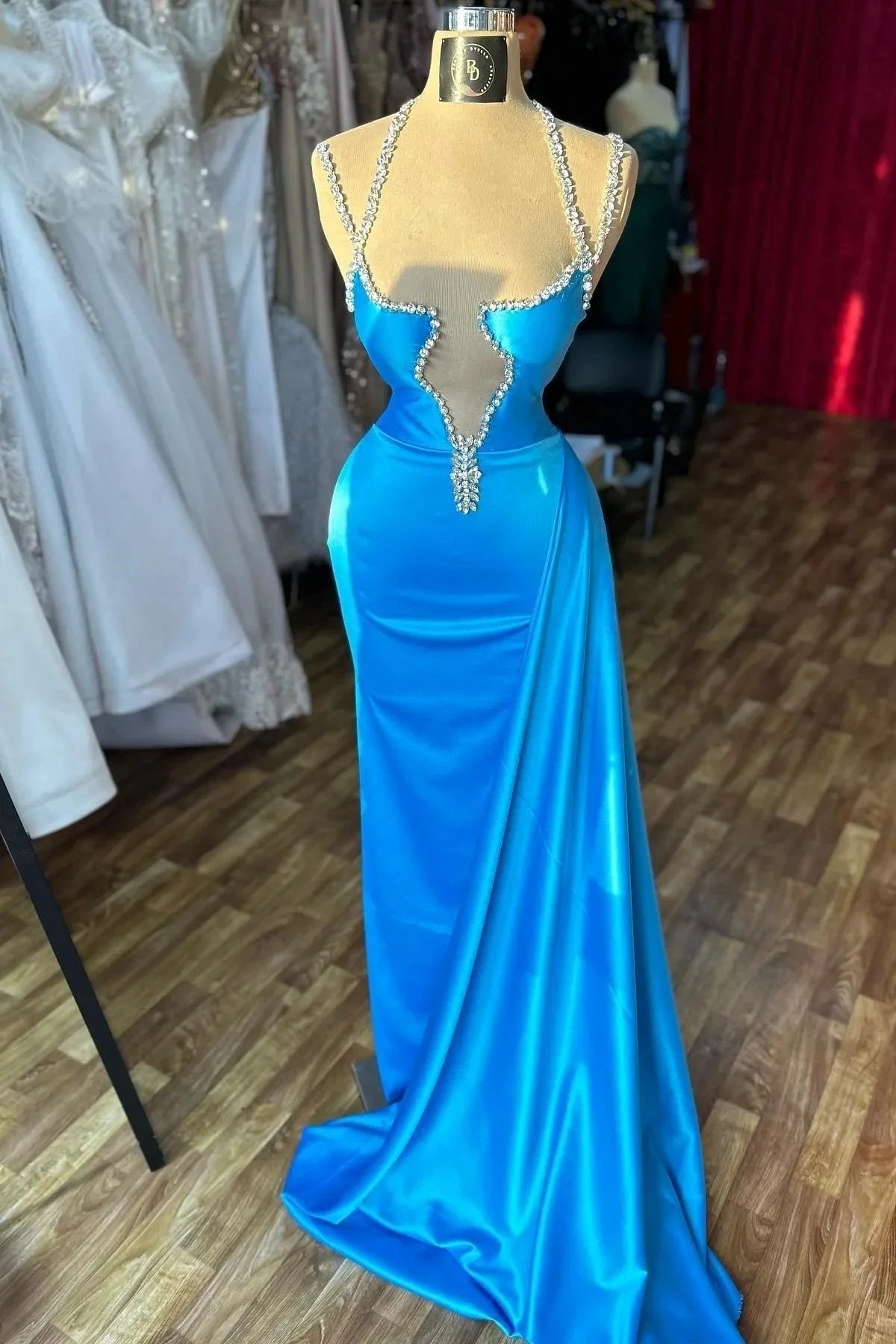 Beautiful Column Spaghetti Straps Sleeveless Ruffles Satin Prom Dresses by misshow.com