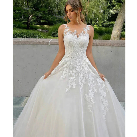 Wunderschöne, faszinierende, ärmellose Brautkleider mit Spitzenapplikationen, bauschige, moderne, wunderschöne, einfache Brautballkleider, Neu 2023