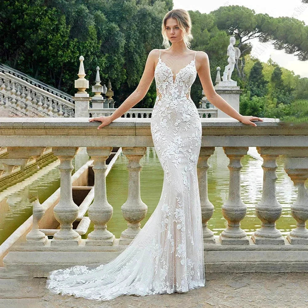Beautiful Lace Sexy Off Shoulder Elegant Mermaid Sleeveless Deep V-neck Mop Wedding Dresses Strapless Bohemia Bridal Gowns by payinti