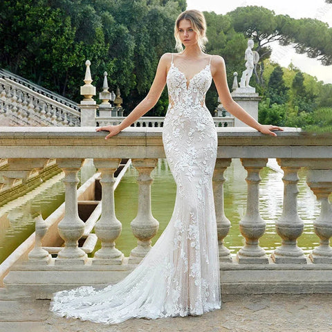 Schöne Spitze Sexy Off Schulter Elegante Meerjungfrau Ärmellose Tiefem V-ausschnitt Mop Brautkleider Liebsten Böhmen Brautkleider 