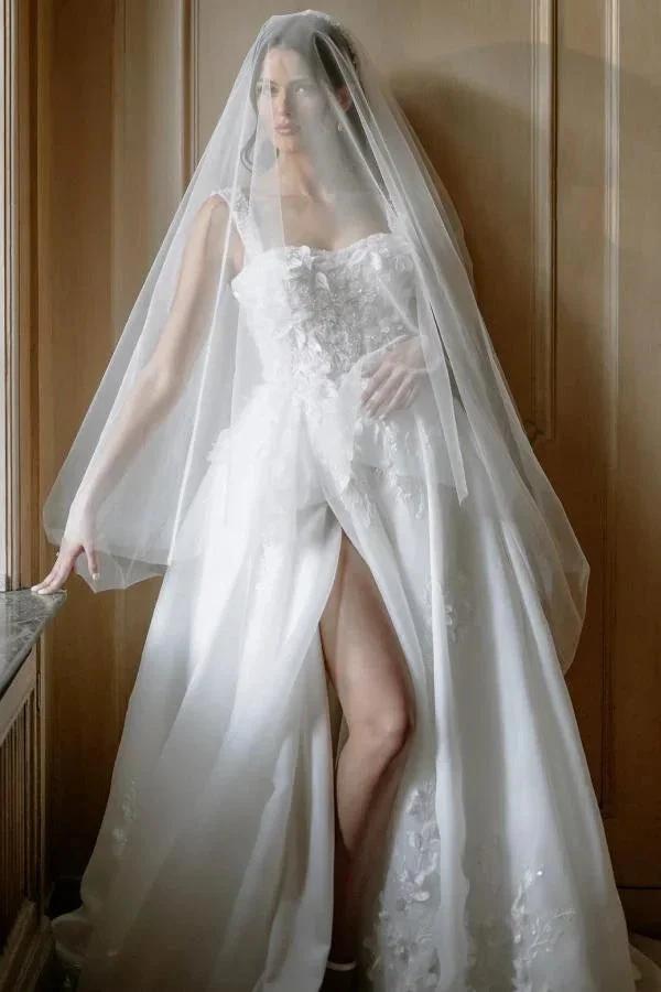 Beautiful Long A-line Split Front Sleeveless Wedding Dresses with Lace by misshow.com