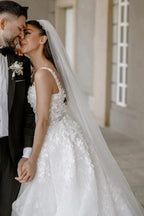 Beautiful Long A-line Split Front Sleeveless Wedding Dresses with Lace by misshow.com