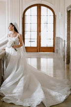 Beautiful Long A-line Split Front Sleeveless Wedding Dresses with Lace by misshow.com
