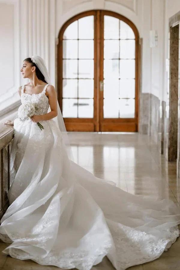 Beautiful Long A-line Split Front Sleeveless Wedding Dresses with Lace by misshow.com