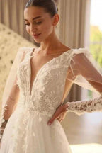Beautiful Long A-line V-neck Lace Tulle Wedding Dress With Long Sleeves by misshow.com
