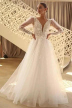 Beautiful Long A-line V-neck Lace Tulle Wedding Dress With Long Sleeves by misshow.com