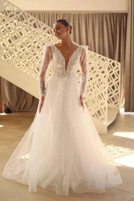 Beautiful Long A-line V-neck Lace Tulle Wedding Dress With Long Sleeves by misshow.com