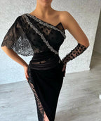Beautiful Long Black Mermaid One Shoulder Lace Prom Dress With Slit by misshow.com