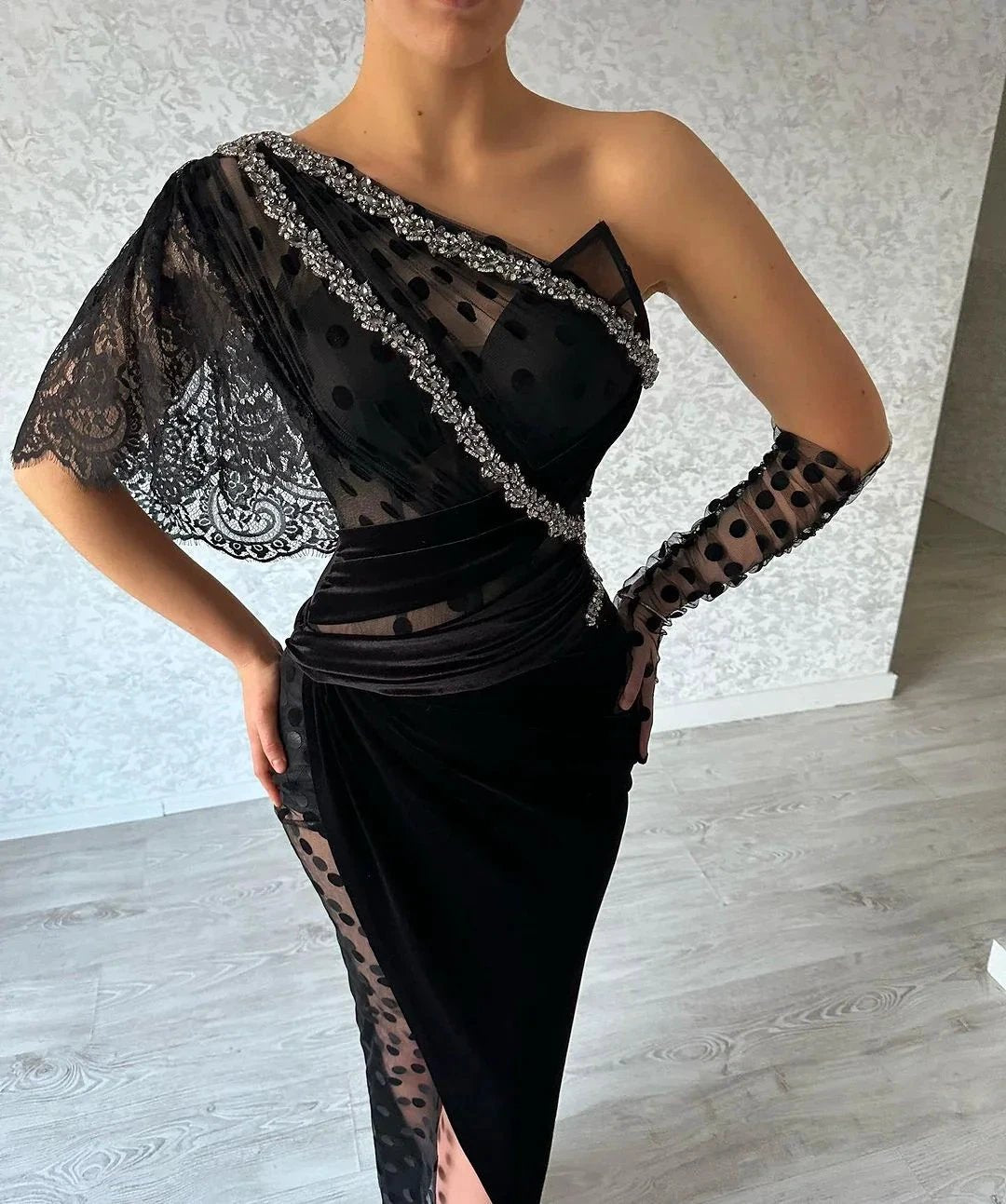 Beautiful Long Black Mermaid One Shoulder Lace Prom Dress With Slit by misshow.com