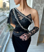 Beautiful Long Black Mermaid One Shoulder Lace Prom Dress With Slit by misshow.com