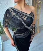 Beautiful Long Black Mermaid One Shoulder Lace Prom Dress With Slit by misshow.com