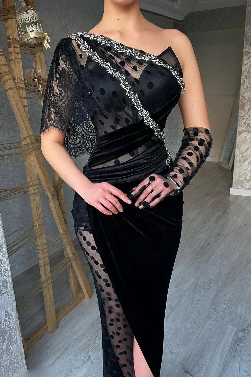 Beautiful Long Black Mermaid One Shoulder Lace Prom Dress With Slit by misshow.com