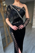 Beautiful Long Black Mermaid One Shoulder Lace Prom Dress With Slit by misshow.com