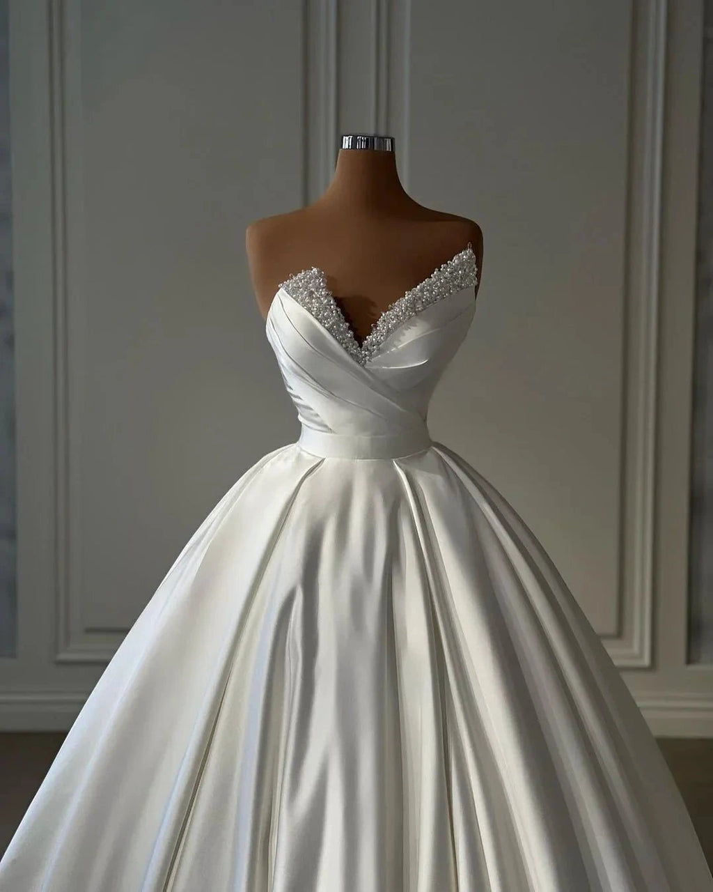 Beautiful Long Ivory A-line Satin Princess Wedding Dress With Pearls by misshow.com