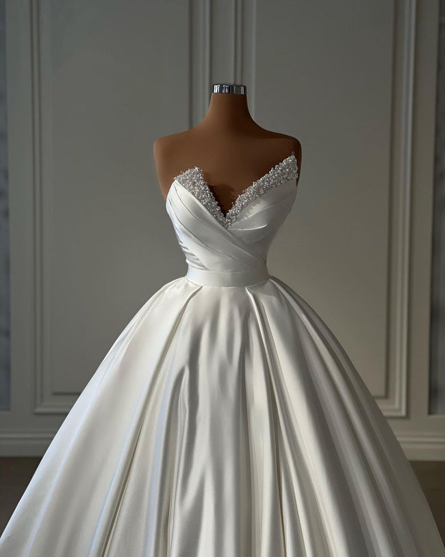 Beautiful Long Ivory A-line Satin Princess Wedding Dress With Pearls Main Image