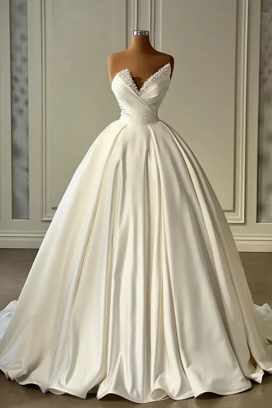 Beautiful Long Ivory A-line Satin Princess Wedding Dress With Pearls by misshow.com