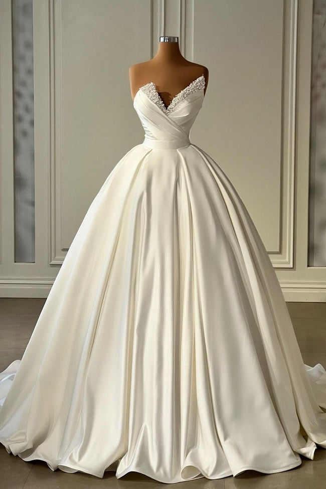 Beautiful Long Ivory A-line Satin Princess Wedding Dress With Pearls Hover Image