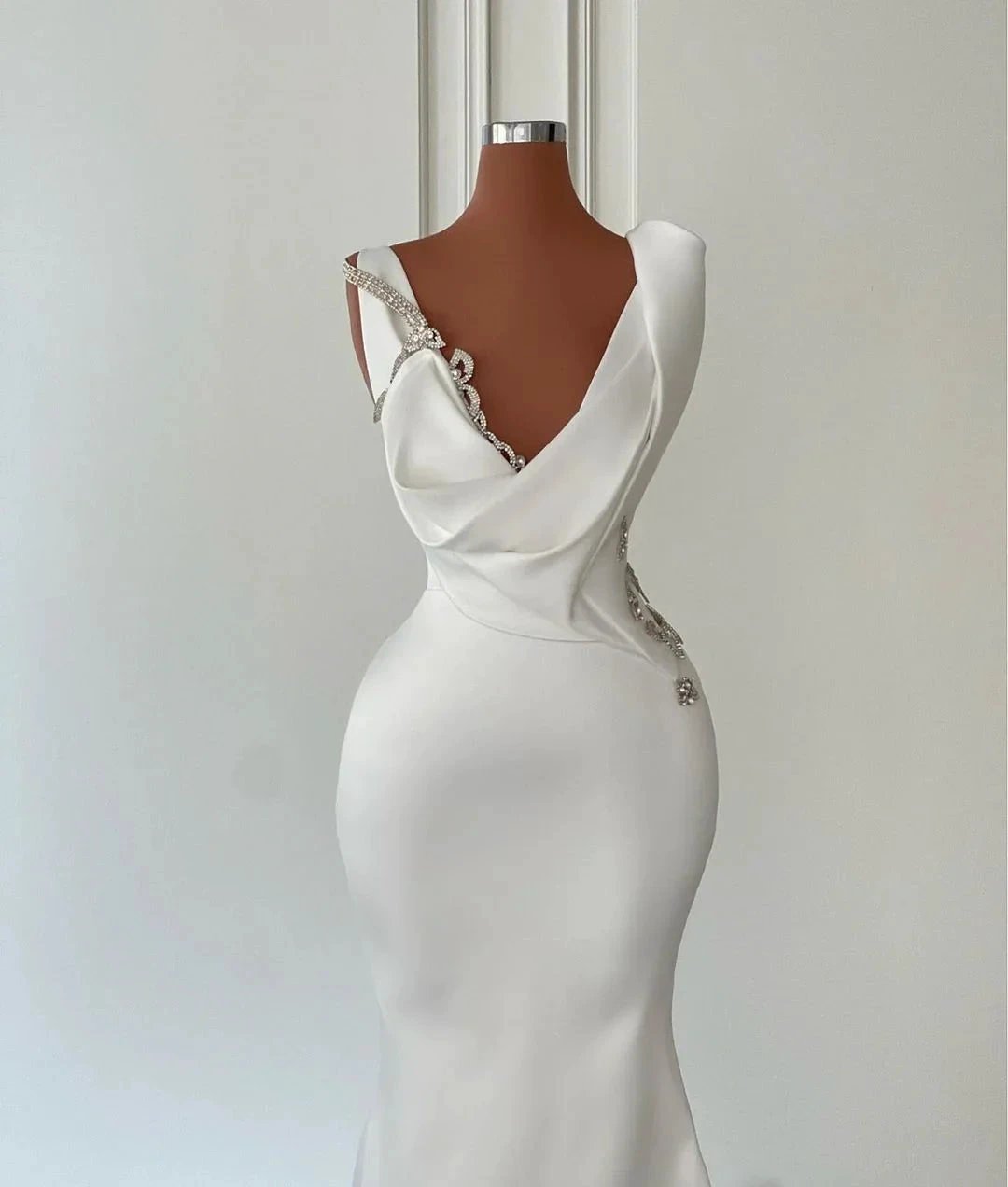 Beautiful Long Ivory Mermaid V-neck Satin Beading Sleeveless Wedding Dress by misshow.com