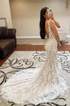 Beautiful Long Ivory Mermaid V-neck Sleeveless Lace Backless Wedding Dress by misshow.com