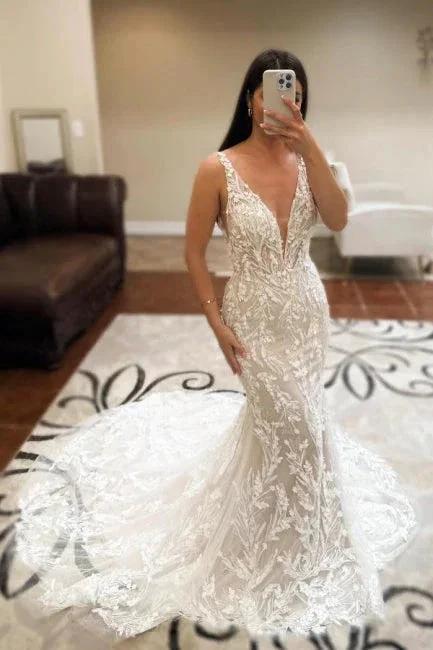Beautiful Long Ivory Mermaid V-neck Sleeveless Lace Backless Wedding Dress by misshow.com