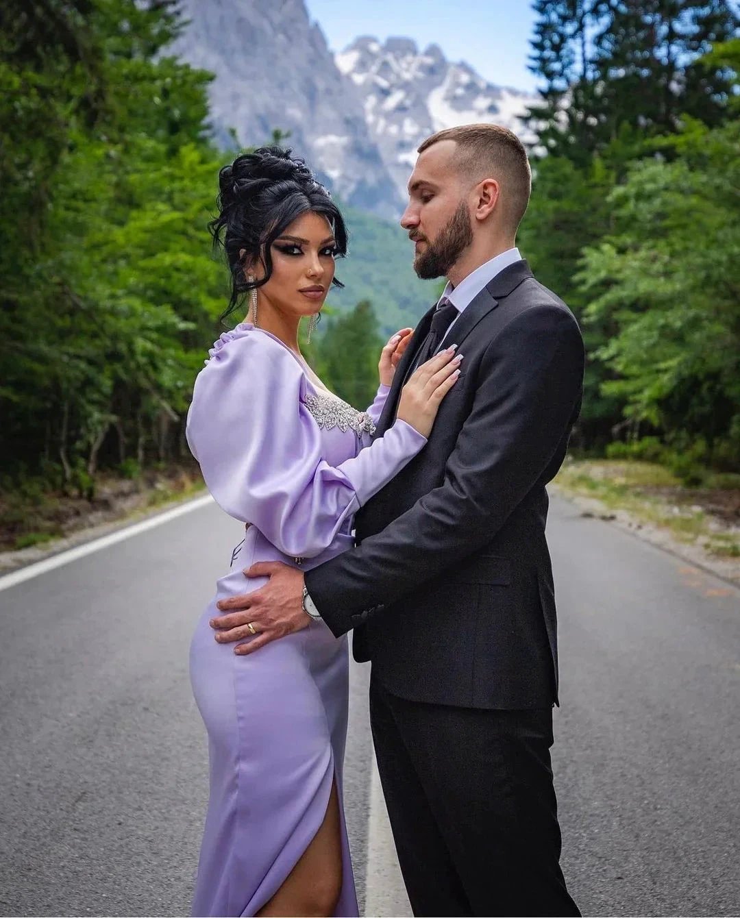 Beautiful Long Lilac Column Jewels Long Sleeves Prom Dress With Slit by misshow.com