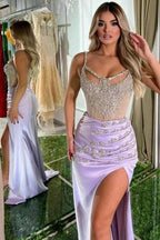 Beautiful Long Lilac Mermaid Sleeveless Jewel Prom Dress With Train by misshow.com