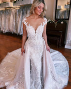 Beautiful Long Mermaid Lace Sleeveless Wedding Dress With Detachable Train by misshow.com