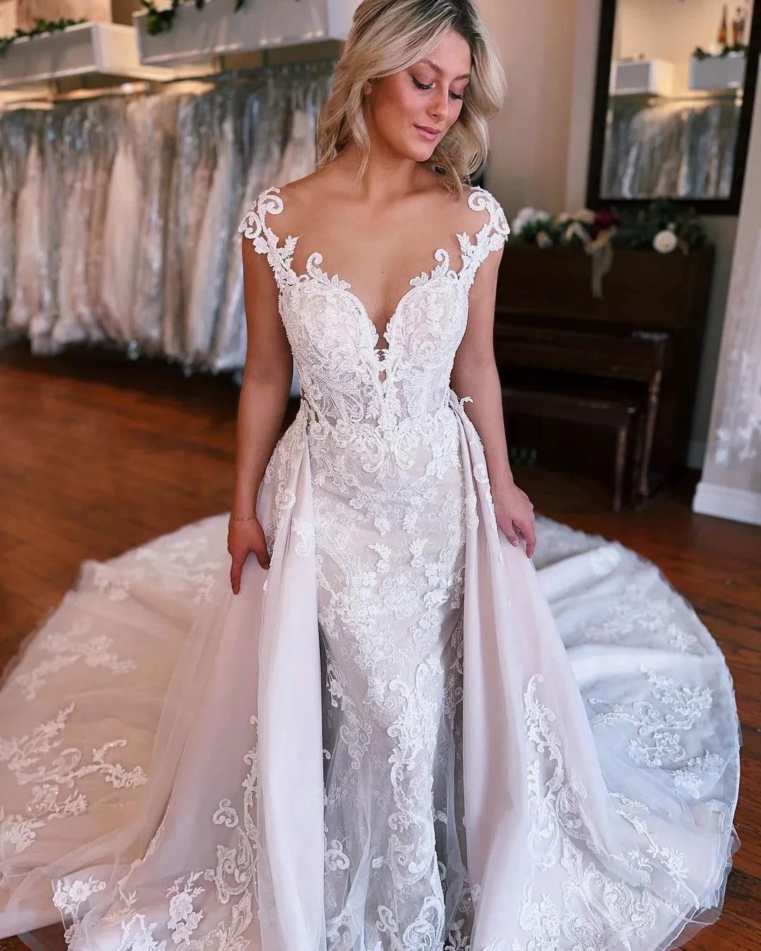 Beautiful Long Mermaid Lace Sleeveless Wedding Dress With Detachable Train by misshow.com