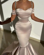 Beautiful Long Mermaid Off-the-shoulder Straps Satin Prom Dress With Train by misshow.com