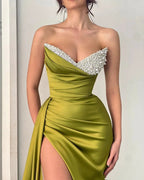 Beautiful Long Mermaid Sleeveless Designer Satin Pearls Prom Dress With Slit by misshow.com
