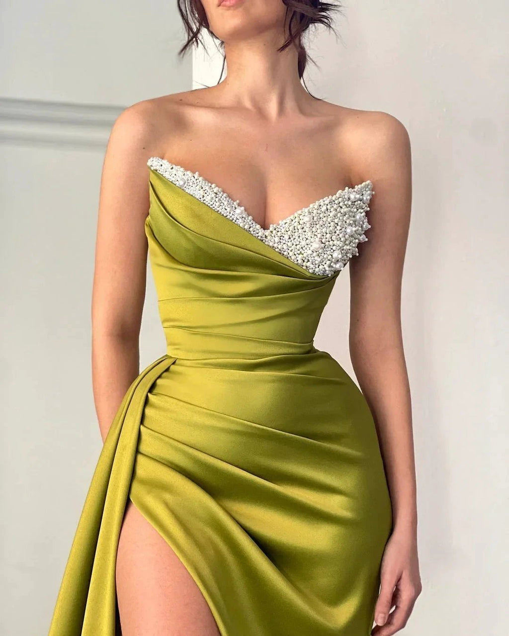 Beautiful Long Mermaid Sleeveless Designer Satin Pearls Prom Dress With Slit by misshow.com