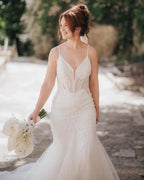 Beautiful Long Mermaid Spaghetti Straps V-neck Lace Sleeveless Backless Wedding Dress by misshow.com