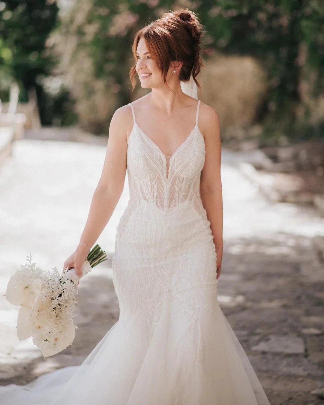 Beautiful Long Mermaid Spaghetti Straps V-neck Lace Sleeveless Backless Wedding Dress by misshow.com