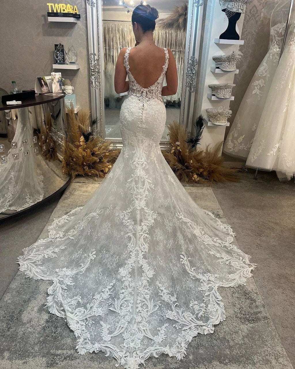 Beautiful Long Mermaid V-neck Sleeveless Lace Backless Wedding Dress by misshow.com