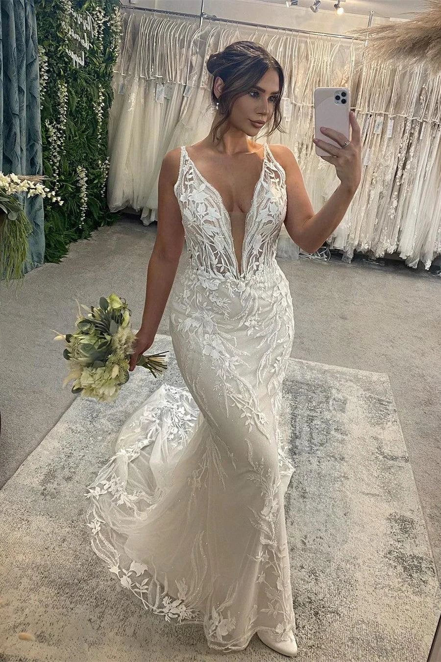 Beautiful Long Mermaid V-neck Sleeveless Lace Backless Wedding Dress by misshow.com