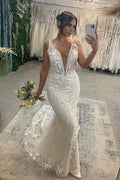 Beautiful Long Mermaid V-neck Sleeveless Lace Backless Wedding Dress by misshow.com